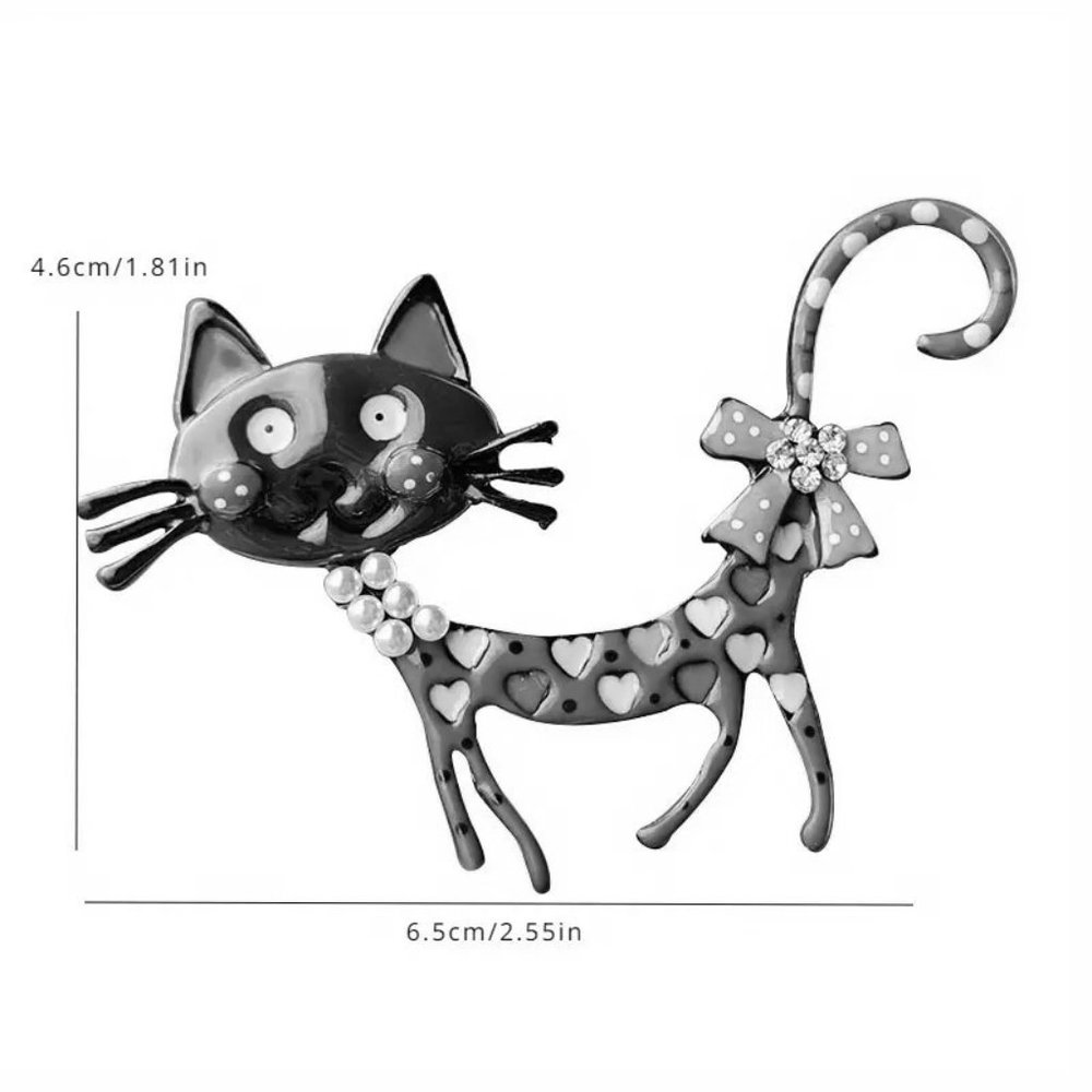 Cat Brooch Enamel Rhinestone Stylish Kitty Whimsical Heart Bow Pearl Fun Trendy - Picture 4 of 4